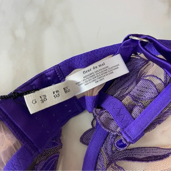 NWT Fleur Du Mal Purple Pansy Embroidery Plunge Silk Demi Bra 36G